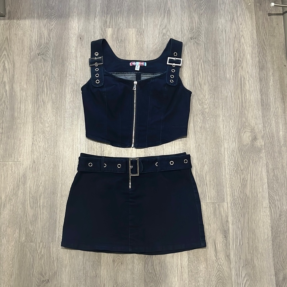 Urban Outfitters UO Stassie Denim Cropped Top And Skirt Set (Size M)
